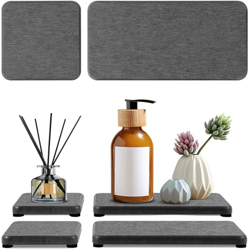 4PCS Water Absorbing Stone Tray, Quick Drying Diatomite Stone Sink Tray, Water Absorbent Diatomite Coasters Used for Hand Soap Dispenser Toothbrush Sponges Holders in Bathroom Counter and Kitchen Sink - color: Dark Gray