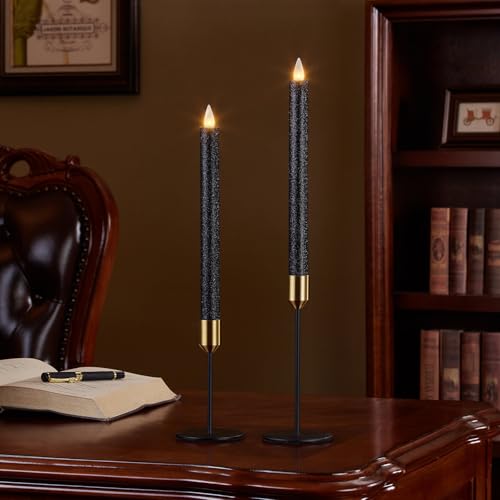 Flameless Taper Candles Flickering with Remote and Timer, 3D Moving Flame Taper Candle Battery Operated to 400 Hours, 9 Inch Window Candles, (Glitter Black) - color: Glitter Black
