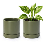 D'vine Dev Set of 2 Plants Pots, 4.7 Inch Ceramic Planter Pot for Plants with Drainage Hole and Saucer, Olive, 94-V-B-J - color: Olive, size: 4.7 Inch