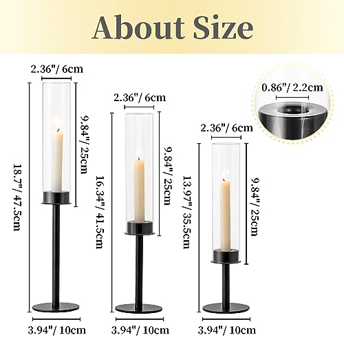 Hewory Black Candlestick Holders Hurricane Candle Holder, 3Pcs Candle Stick Candle Holder Candelabra, Taper Candle Holders with Glass Candle Cover for Wedding Table Centerpiece Christmas Decor - color: Black, size: 3pcs
