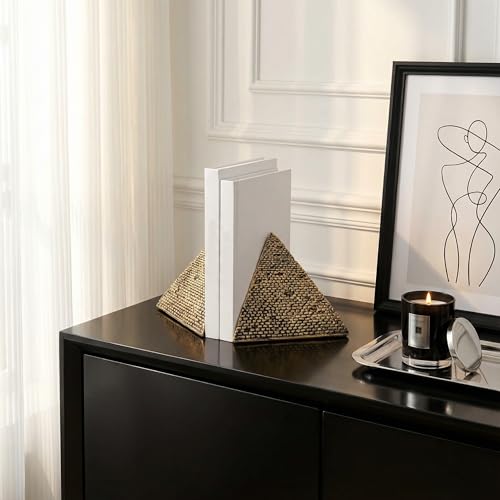 Egyptian Pyramid Book Ends for Shelves Decor, Unique Resin Stone Bookends, Heavy Duty Book Stoppers for Home Office Bookshelf Accessories, Vintage Pyramid Sculpture Decoration, Antique Gold