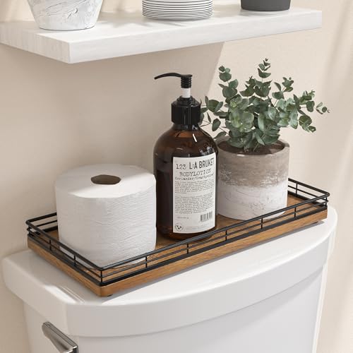 Bathroom Toilet Tank Tray, 13" Wood Toilet Paper Storage Basket Tray Back of Toilet Basket Organizer,Vanity Tray for Perfume Makeup Candle Decor, Black & Farmhouse Brown - color: Black & Farmhouse Brown, size: 13" x 6.5" x 1.5"