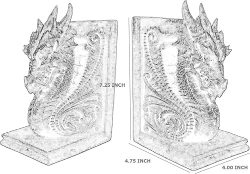 Bellaa 26201 Decorative Bookend Dragon Statues Book Stopper for Bookshelf 8 Inch Non Skid Heavy Duty Vintage Gifts - color: Stone