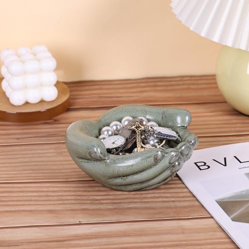 Ceramic Hands Bowl Dish Sculpture, Giving Hands Candy Holder for Succulent Planter, Crystal Rock Holder, Office, Keys Bowl for Entryway Table (Vintage Green) - color: Vintage Green