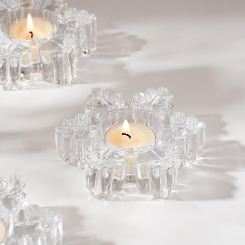 Snowflake Tealight Holders Set of 4 – Clear Glass Votive Candle Holders for Table Decor, Winter Wedding Centerpiece, Christmas Party Supplies
