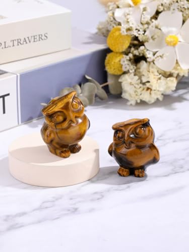 Jovivi Crystal Owl Decor Tiger Eye Healing Stone Crystal Pocket Owls Figurine Statue Hand Carved Polished Natural Gemstone Sculpture Home Office Desk Meditation Gift - color: Tiger Eye