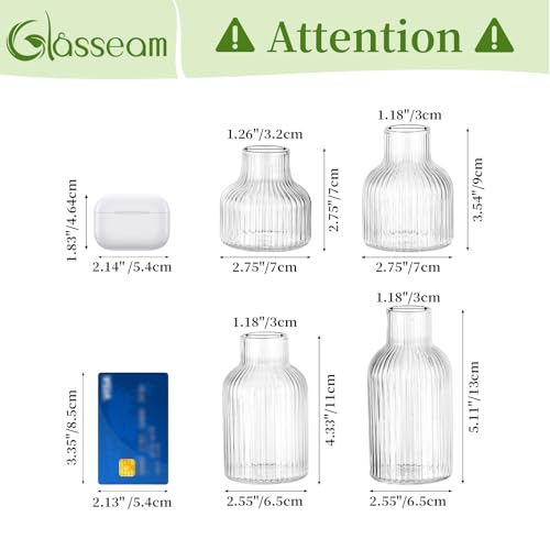Glasseam Glass Bud Vases for Centerpieces: Modern Small Flower Vase Set of 4 for Home Decor - Clear Mini Table Centerpieces for Minimalist Living Room Shelf Kitchen Wedding Party Decorations - color: Clear- Narrow Ribbed