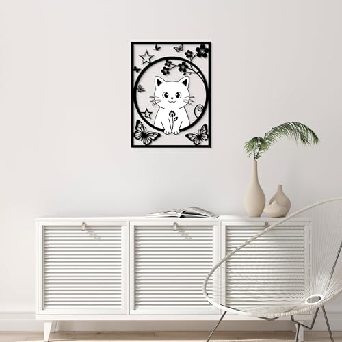 GlintHome Large Metal Wall Art - Cat Decor Flower and Butterflies Wall Sculptures for Bathroom Bedroom Living Room Kitchen Office Garden Home Wall Decoration - 11x14 Inches - color: Black-1, size: Small