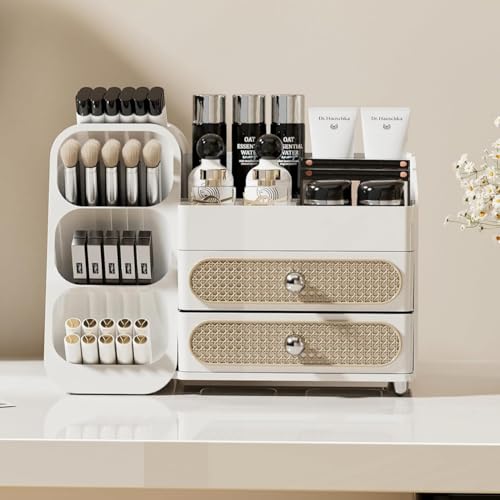 Booklov Makeup Organizer for Vanity, Large Capacity Cosmetic Display Case with Drawers, Countertop Beauty Storage Holder for Skincare, Brush Eyeliner Perfume Eyeshadow Lipsticks, Counter Desk, White - color: White, size: L01