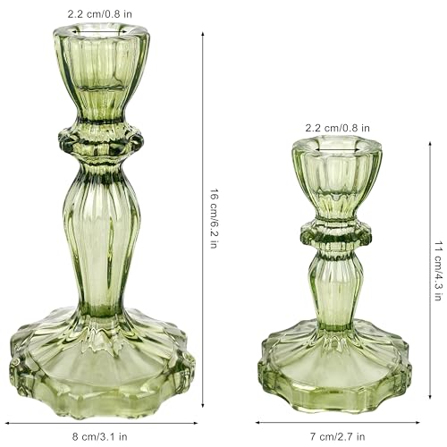 Glass Candlestick Holders Set of 3, Green Stripe Taper Candle Holders for Table Centerpiece, Home Decorations, Wedding and Party - color: Green