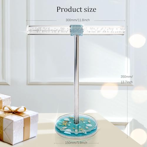 FONMY Jewelry Organizer Countertop Acrylic w/Nature Seashell Handmade,Seascape Standing Jewelry Holder W/Blue crystal for Bedroom Bathroom w/Weighted Base,Unique Gifts
