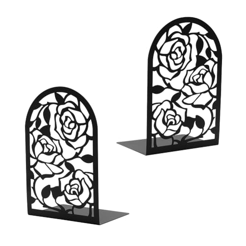 Elegant Rose Bookends Hollow-Out Rose Flower Book Ends Shelves Organizer Metal Book Stands Journal Book Holder Reading Room Decorative Bookends Library Book Stoppers for Office Home School (Black) - color: Black