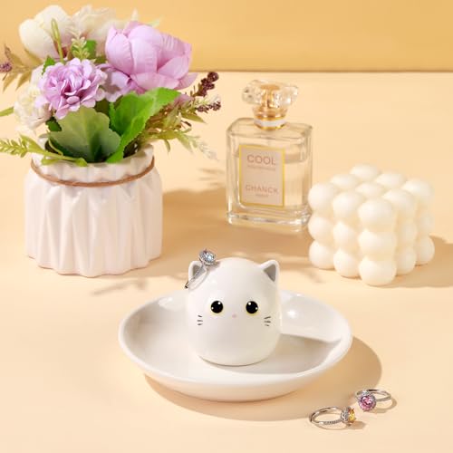 Cat Mom Gifts for Women, Kitty Cat Ring Holder for Jewelry, Jewelry Tray Dish Rings Bracelets Earrings Trinket Tray, Mother's Day Birthday Wedding Christmas Gifts - style: White Cat