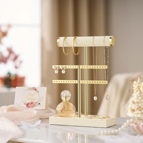 bussdis 2 Tier Bracelet Holder Display - Detachable T Bar Beige Velvet Bracelet Holder, Jewelry Holder Organizer for Bracelet, Necklace, Earrings, Rings - color: Beige