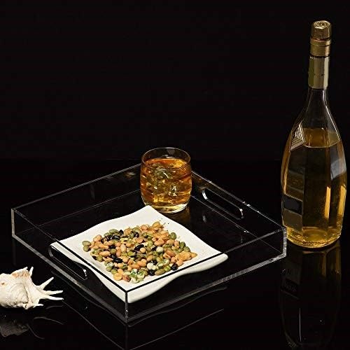 Clear Sturdy Acrylic Serving Tray with Handles - 12x12Inch - Coffee, Appetizer, Breakfast, Butler Tray - Kitchen Countertop & Makeup Drawer Organizer - color: Clear, size: 12" x 12" x 2"