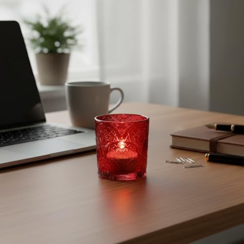 12 Pack Mandala Embossed Glass Candle Holders – Votive Tealight Holders with Patent Design, Decorative Embossed Glass Cups for Wedding Centerpieces, Parties, and Home Décor (Crimson Glow) - color: Crimson Glow