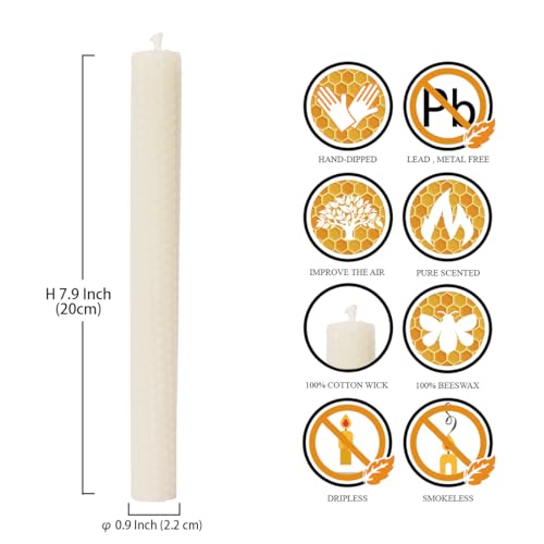 DEYBBY Handmade Beeswax Taper Candles, Dripless Wax Candles, Hand-Rolled Honeycomb Candles for Dinner Party, Set of 12 Flat Top（Cream White） - color: White, size: 12 pack