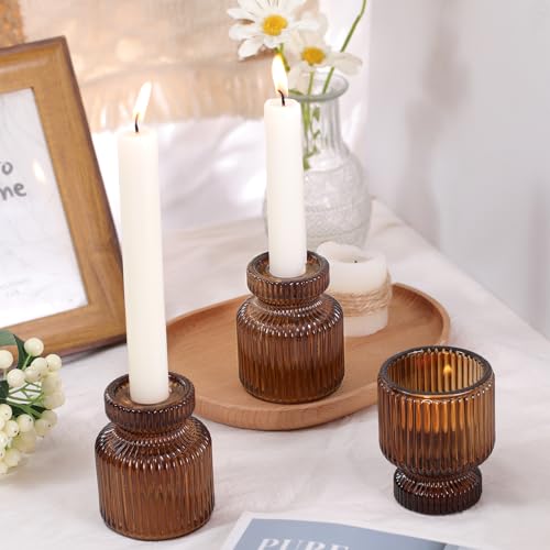 DARJEN 6 Pcs Amber Candlestick Holders - Glass Taper Candle Holders Tealight Votive Candle Holders for Table Centerpieces, Wedding, Dinner Party, Home, Gifts - color: Amber, size: 6Pcs