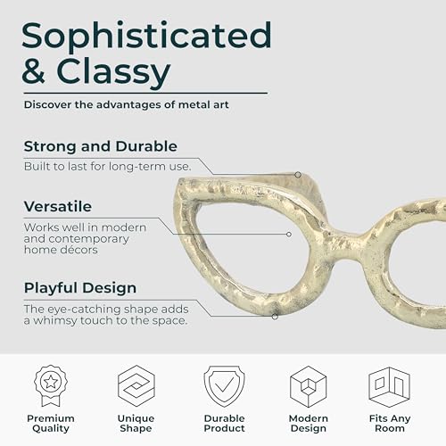 Cateye Glasses Decorative Object – Aluminum Sculpture Modern Home Decor Ornament – Shelf Styling & Coffee Table Decor for Bathroom, Office & Living Room – 7"x3", Gold - color: Gold Cateye