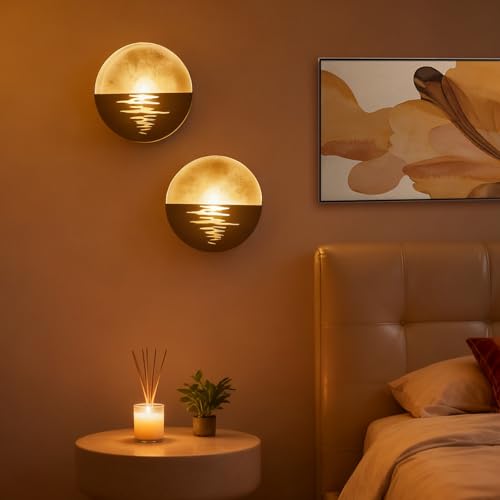 Gold Wall Sconces Set of Two: Flameless Candle Sconces Night Light for Indoor Livingroom Bedroom - Metal Sunrise Decor Wall Candle Holder with Tealight for Hallway