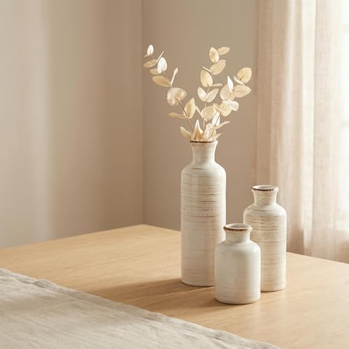 Vintage Ceramic Flower Vase Set of 3, Rustic Farmhouse Vase for Home Decor, Distressed Decorative Vase for Table Entryway Mantel Centerpiece Living Room Bathroom Bedroom (Linen Off-White) - color: 111-linen Off-white