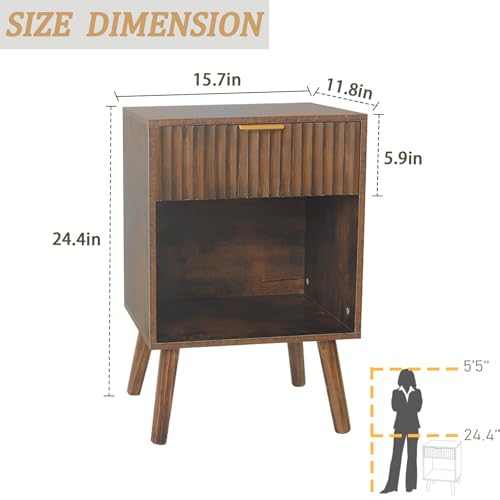 Fultyle Mid Century Modern Nightstand, Wood Bedside Table with Drawer and Opening Storage, End Table Living Room Fluted Night Stand with Solid Wood Legs for Bedroom (Rustic Brown) - color: Rustic Brown
