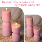 Pink Ribbed Flameless Pillar Candles with Remote, Flickering LED Candles Battery Operated Real Wax Set of 2 - color: Pink