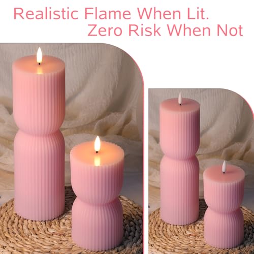 Pink Ribbed Flameless Pillar Candles with Remote, Flickering LED Candles Battery Operated Real Wax Set of 2 - color: Pink