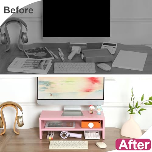 TEAMIX 2 Tiers Pink Monitor Stand Riser, Desktop Stand with Keyboard Storage Small TV Stand Laptop Wooden Desk Organizer Cute Shelf (Pink, 2 Tiers) - color: Pink
