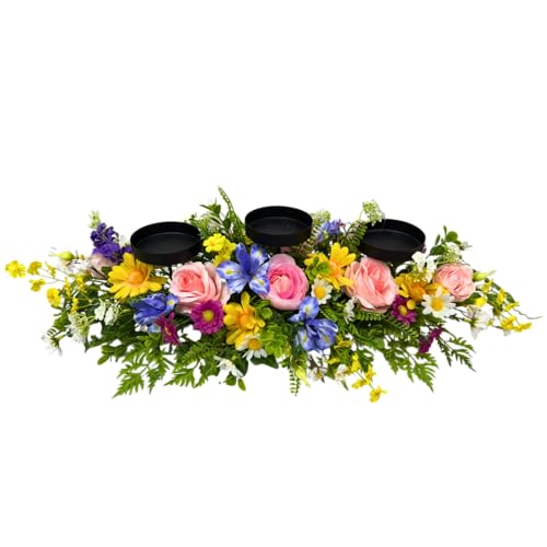 Spring Summer Centerpiece with 3 Candle Holders, 24 Inch Colorful Artificial Wildflower Arrangement with Roses, Daisies, and Irises, Ideal for Farmhouse and Country Style Table Decorations