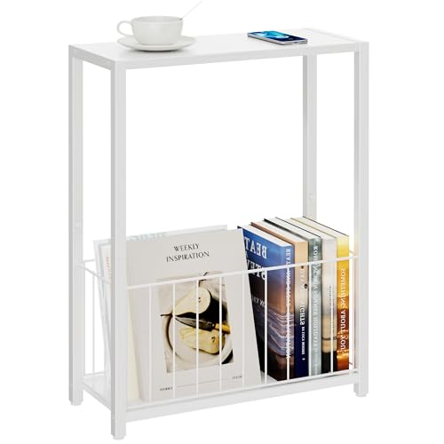 Homleke Narrow Side Table with Magazine Holder, Skinny End Table Perfect for Small Spaces, Space-Saving Design for Living Room, Bedroom, or Office, 7.1" D x 16.9" W x 23.6" H, White - color: White - Standard
