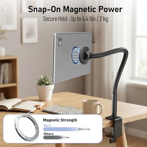 Magnetic Gooseneck Tablet Holder, iPad Desk Clamp Mount for Bed & Desk, 360 Degree Adjustable Arm, Compatible with MagSafe,Fits 4.7"-13.5" Devices, Phones, iPad Pro/Air/Mini, Kindle Fire, Galaxy Tab