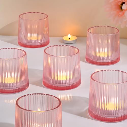 Pink Ribbed Tealight Votive Candle Holders- 6Pack Glass Candle Holders for Table Centerpiece, Home Decor, Wedding Decor, Party Dinner - color: Pink, size: 6Pcs