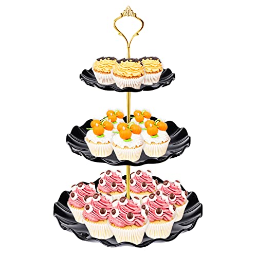 BACUTHY 3 Tier Cupcake Stand Holder, Plastic Cup Cake Stand Towel with Tiered Serving Tray for Cupcakes, Donuts, Fruits and More, White (Black) - color: Black