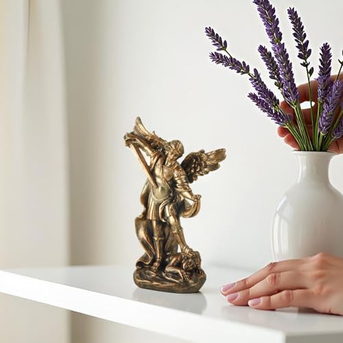 St. Michael The Archangel Statue – Bronze Resin Religious Figurine Depicting Saint Michael Defeating Evil – Christian Catholic Angel Sculpture for Home, Office, and Prayer Decor - size: 3.54 × 1.65 × 5.32 inches
