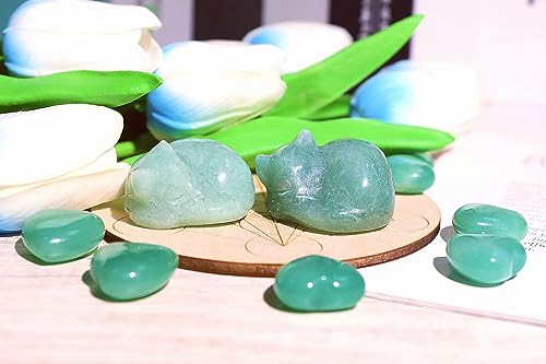 QINJIEJIE Green Aventurine Cat Crystals Decor Sleeping Cat Statue Healing Stone Decor Gifts Hand Carved Gemstones Figurine Office Room Home Desk Decorations Cute Gem Lucky Energy Gifts for Women Men - color: G-green-green Aventurine, size: 1.5 inches