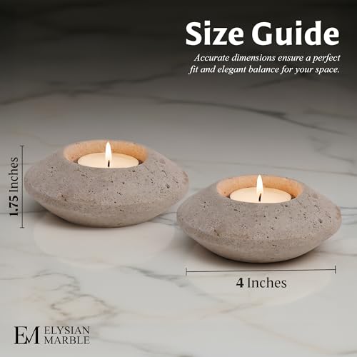 Tealight Candle Holders Set of 2 – Handcrafted Natural Marble Tea Light & Votive Holders, Decorative Stone Candle Holder Pair for Home Décor, Dining Table, Coffee Table & Wedding Decor - color: Travertine, size: 4" Inches