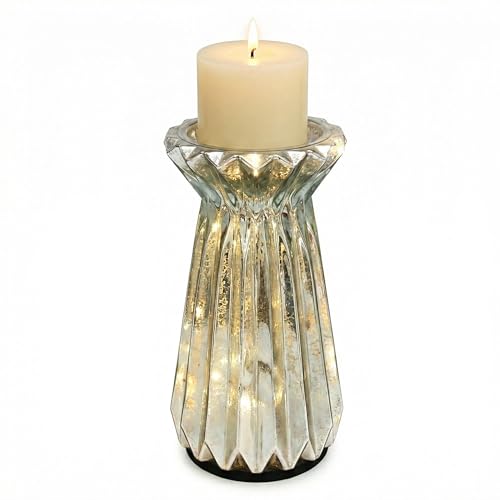 Home Decor, Mercury Glass Pillar Candle Pedestal Holders with 10 Led Lights, Lighted up Candle Holder for Pillar Candle, Glass Candlestick Holders with Timer for Wedding Dining Table Xmas (Silver) - color: Silver