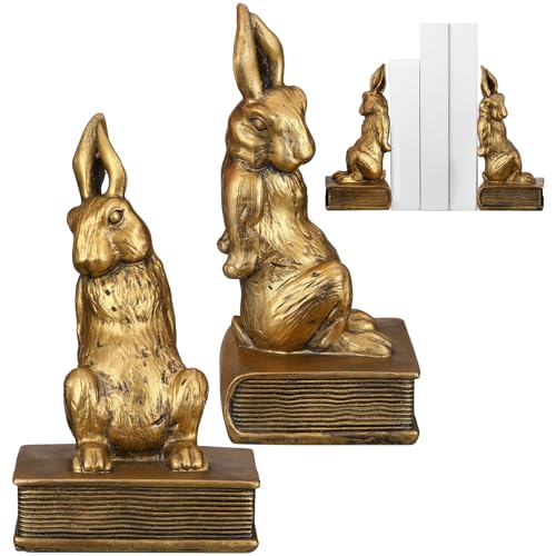 Kathfly Easter Bunny Bookends, Decorative Gold Rabbit Bookends for Shelves Vintage Resin Rabbit Book Ends, Cute Animal Bookend Supports for Home Office, Housewarming Gift, Set of 2 - style: Easter Bunny
