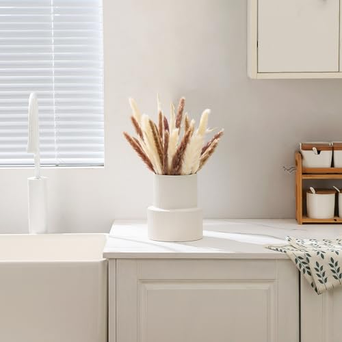 White Ceramic Vase, Large Ceramic Vase for Flowers, Decorative Vases for Boho Decor, Modern Ribbed Vase, Pampas Grass Vases for Living Room, Office, Mantel, Shelf, Dinning Table, 7.5 Inches - color: White, size: Large Ribbed