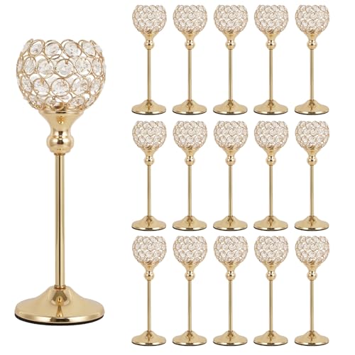 VINCIGANT Gold Crystal Candle Holders Set of 16 for Wedding Centerpieces,Votive Crystal Candle Holders for Home Fireplace Coffee Table Mantle Decor candelabros de mesa - size: 16 pcs 13" Tall