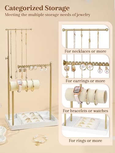 Jenseits Jewelry Organizer Stand with Ring Holder - 3-Tier Gold Jewelry Holder Tower with Velvet Tray, Necklace Holder, Bracelet & Earring Display Stand for Women, Gift for Her - color: white-gold