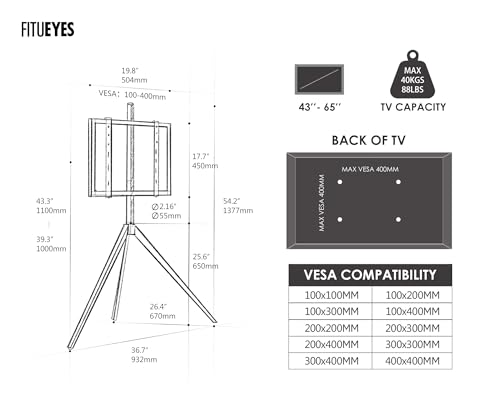 FITUEYES Design Corner TV Stand for 43-65 Inch TVs, Height Adjustable Metal Tripod Easel TV Stand Modern TV Floor Mount with Concealed Storage for Bedroom Living Room, Picasso Series