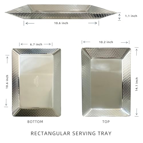 Stainless Steel Rectangular Serving Tray,Multipurpose Hammered Silver Large Decorative Platters,Organizer Tray for Kitchen Or Bathroom