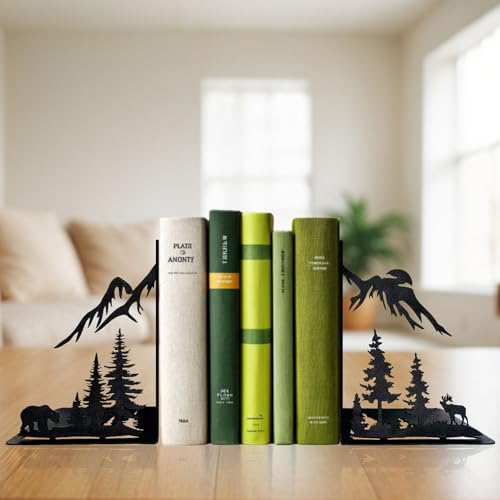 Mountain Forest Book Ends Decorative for Shelves, Cute Metal Bookends for Heavy Books, Unique Laser Cut Book Holders, Black Book Stopper for Home Office, Decorative Bookends for Shelf Decor - color: Forest