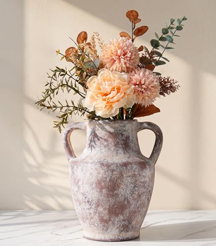Flower Vase with Handles, 8.66 inch Tall Ceramic Vase Farmhouse Rustic Vases Decorative Pottery Vases for Home Decor Living Room Table Bookshelf Centerpiece Bouquet Wedding Fireplace (Terra) - color: 8.66 in - Terracotta