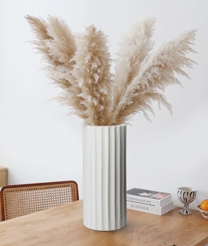 GeLive Glazed White Ceramic Vase Ribbed Straight Cylinder Minimalist Waterproof Flower Vase, Home Decor Centerpiece for Fresh Bud Artificial Dried Flowers 9 Inch Height - style: Straight Cylinder