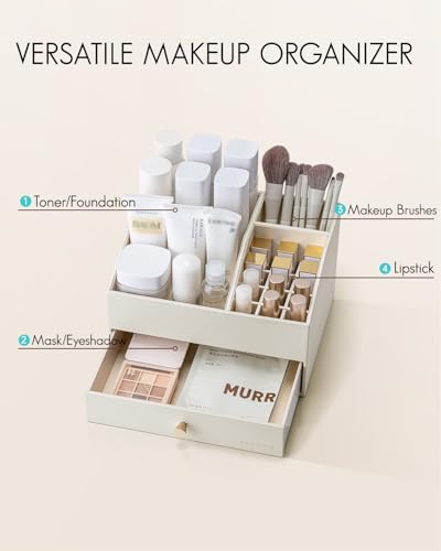 VLANDO Makeup Organzier,Vanity Organizer with Drawers, PU Leather Skincare Organizer Perfume Organizer,Large Cosmetic Display Case for Lipstick,Brushes Gifts for Women-Beige - color: 2 layers-Beige