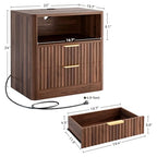 IRONCK Fluted Night Stand Set of 2, Modern Nightstand with Charging Station, Drawers and Open Shelves - Bedside Table Wood Side Table Set for Bedroom (Walnut) - color: Walnut