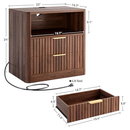 IRONCK Fluted Night Stand Set of 2, Modern Nightstand with Charging Station, Drawers and Open Shelves - Bedside Table Wood Side Table Set for Bedroom (Walnut) - color: Walnut